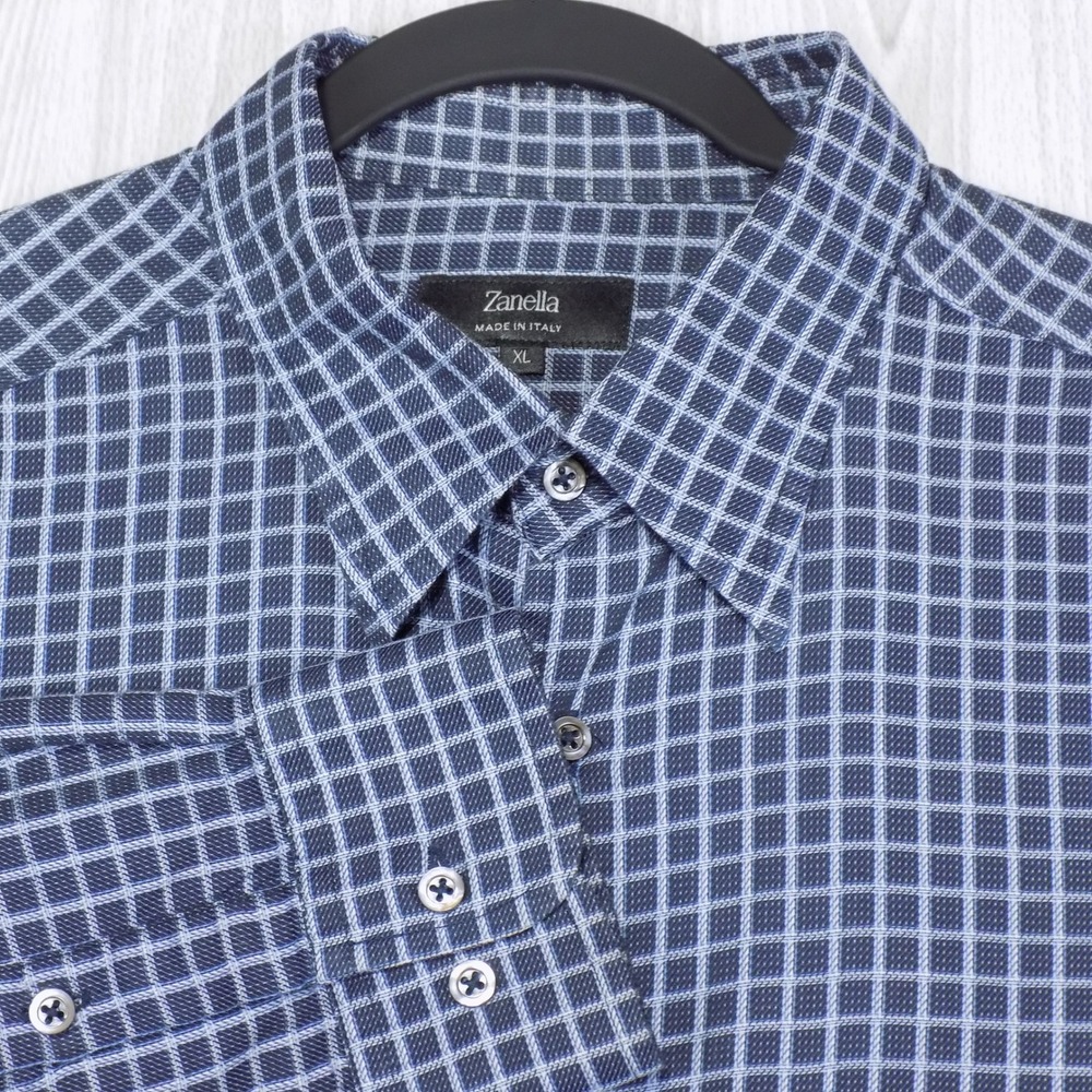 Zanella Mens XL Blue Check Plaid Button Down Made in Italy Long Sleeve Cotton